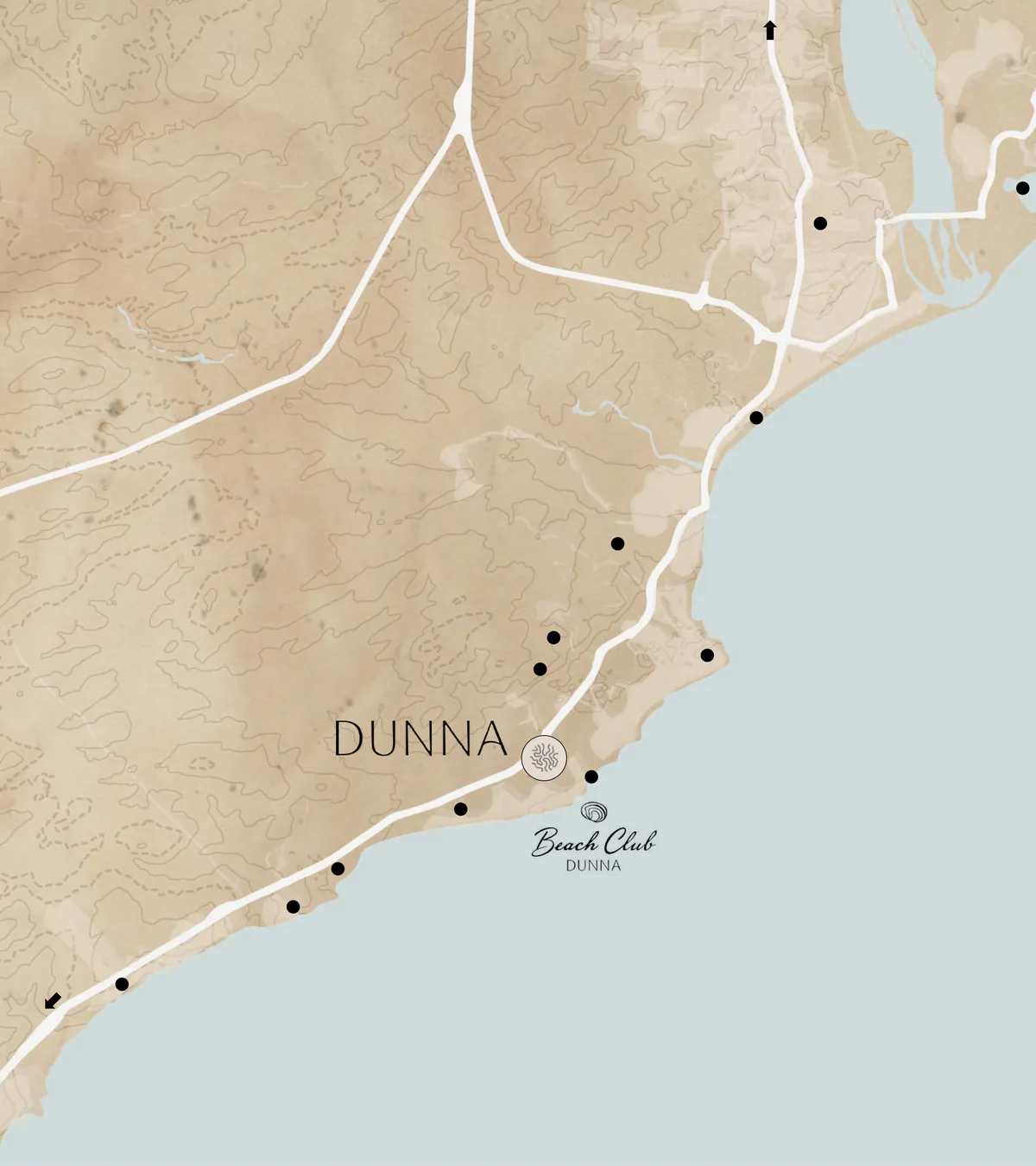 Map of the Los Cabos tourist corridor: DUNNA sits between El Dorado and One & Only Palmilla, with Querencia inland and the DUNNA Beach Club on the shore