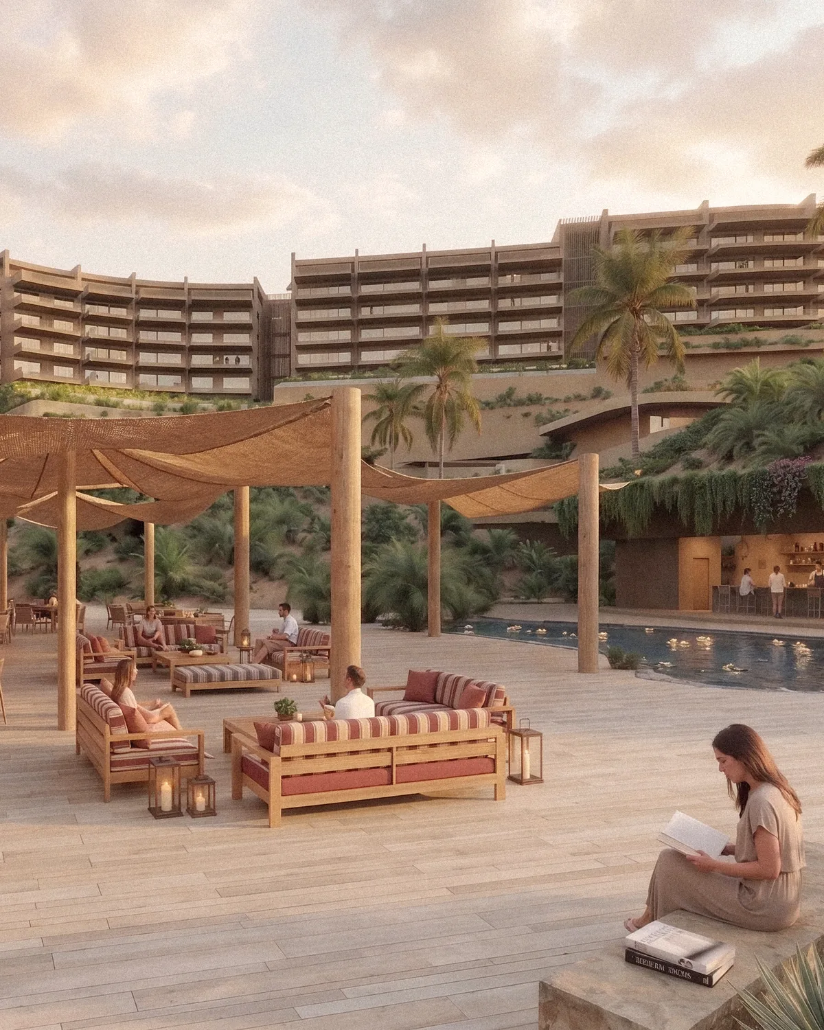 Shaded café terrace and lounges at the Oasis Shops